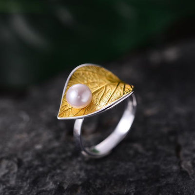 Lotus Fun real 925 sterling silver natural pearl 18K gold leaf ring Fine Jewelry creative open designer rings for women Jewelry
