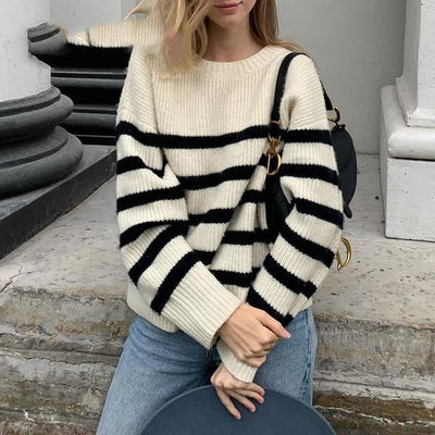 Boho Sweater Black and White Stripe