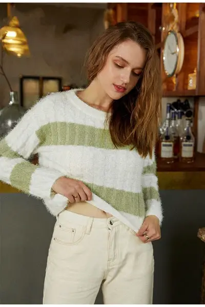 Chic Green and White Stripe Boho Sweater party