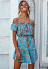 Cowgirl Turquoise Boho Mini Dress with bare shoulders formal