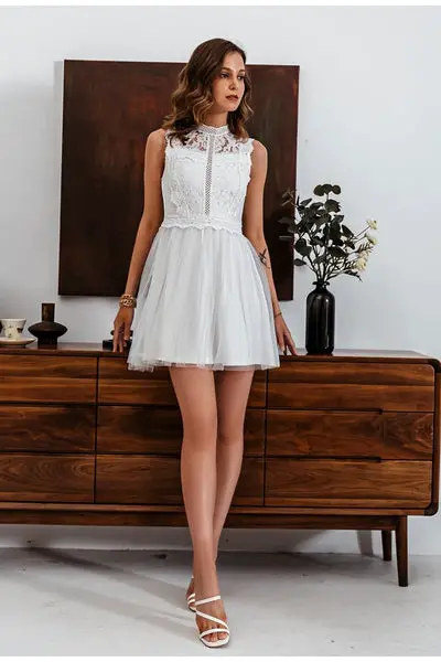 2021 White Boho Lace Short Dress party