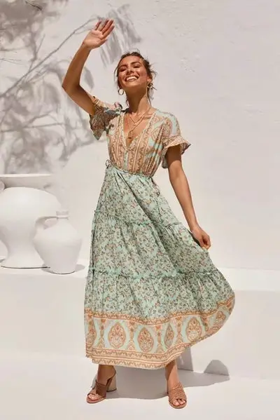 Grunge Flowery Long Dress Ethnic Style Lace
