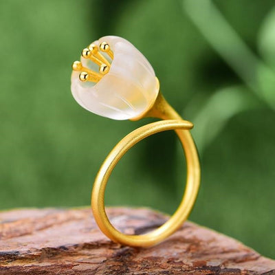 Lace Lotus Fun Real 925 Sterling Silver 18k Natural Gold Crystal Handmade Fine Jewelry Lily of the Valley Flower Rings for Women for sale