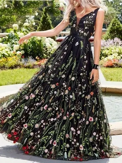 Lace Boho Maxi Dress Chic Embroidered Flowers flower