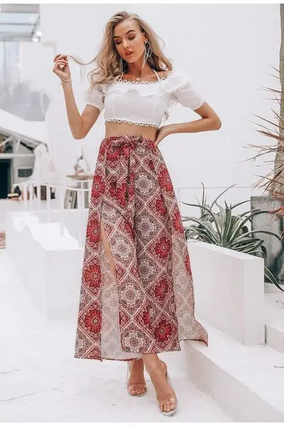 cute Boho coral long skirt Lace