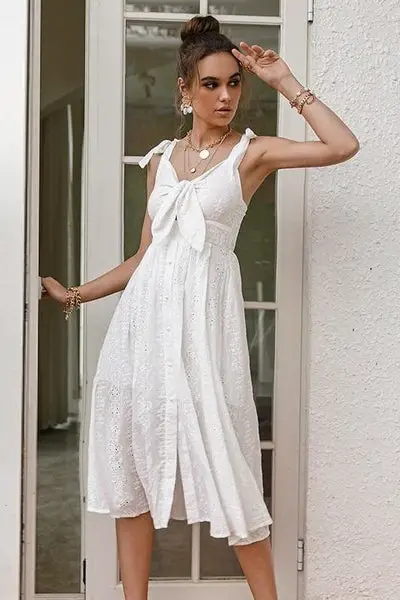 Retro White Cotton Maxi Dress with Bow 2022